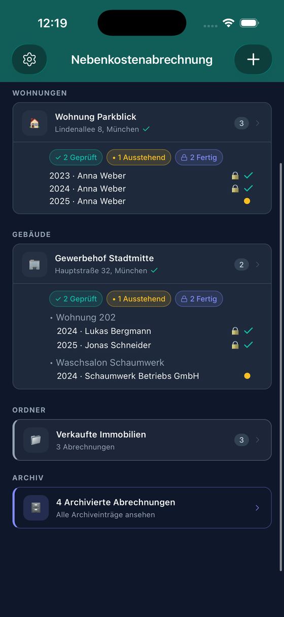 Nebenkosten App: overview with flats, buildings, folders and archive