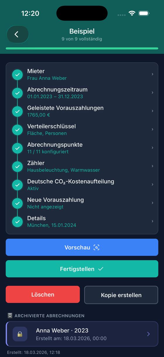 Nebenkosten App: the checklist of a statement with all nine steps completed