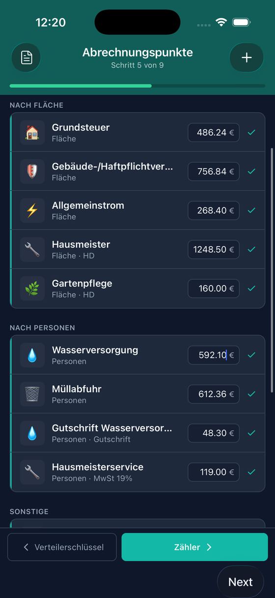 Nebenkosten App: cost items split by floor area and by occupants