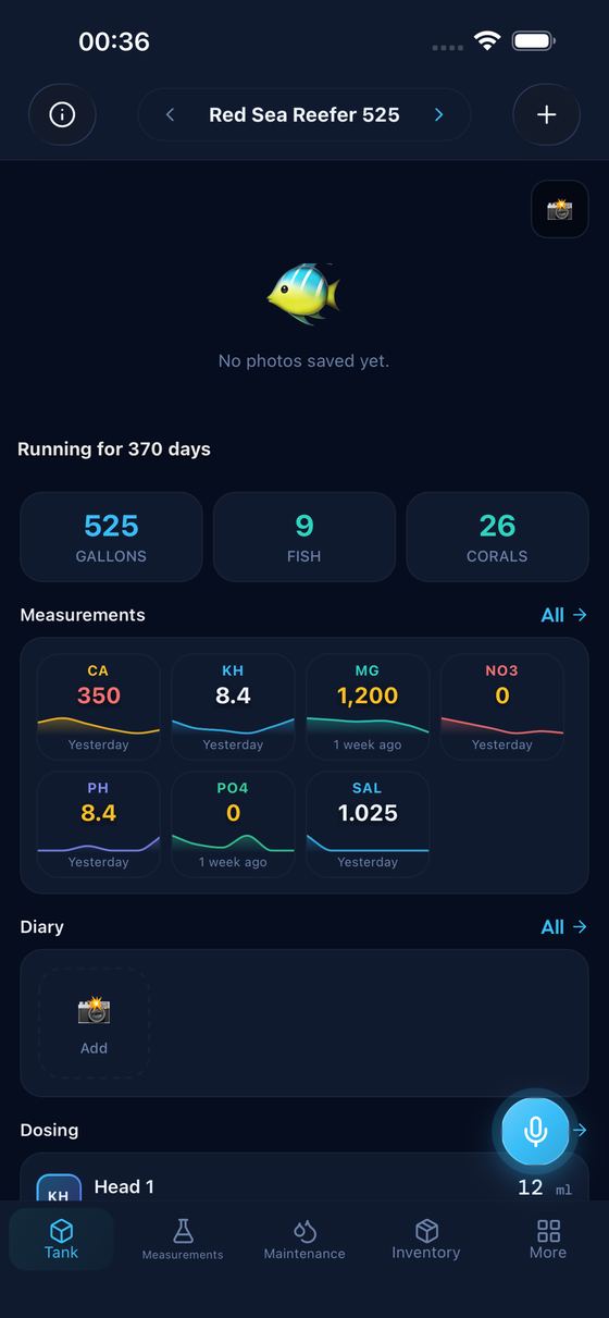Reef Lab: the tank overview with volume, livestock counts and the latest water parameters