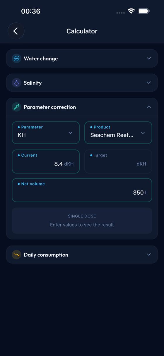 Reef Lab: calculators for water change, salinity, parameter correction and daily consumption